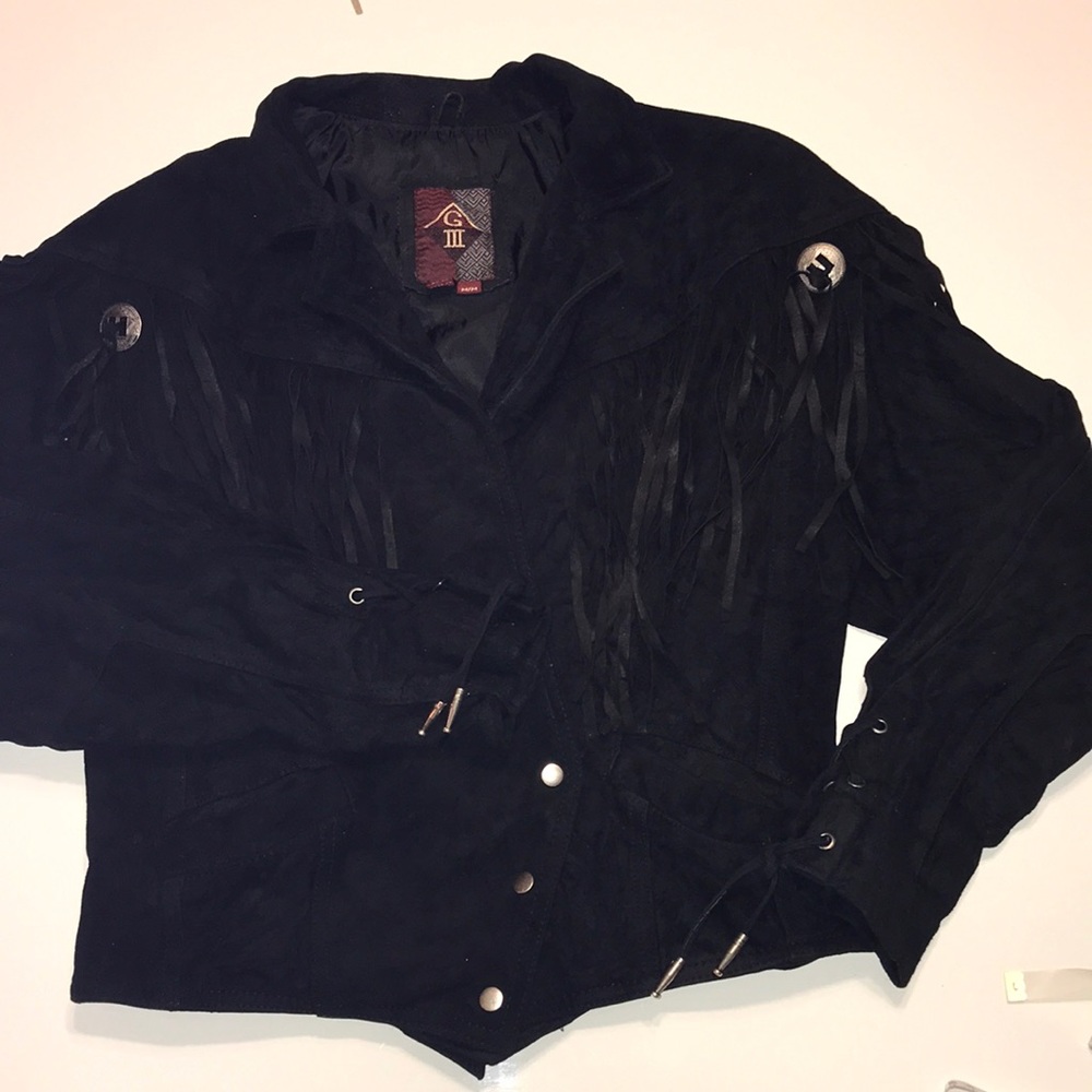 GIII Leather Fringed Jacket Black Size Medium Western Show Jacket